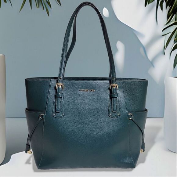 MICHAEL by Michael Kors Voyager Large Crossgrain Leather Tote Bag in Dark Green - Picture 1 of 14